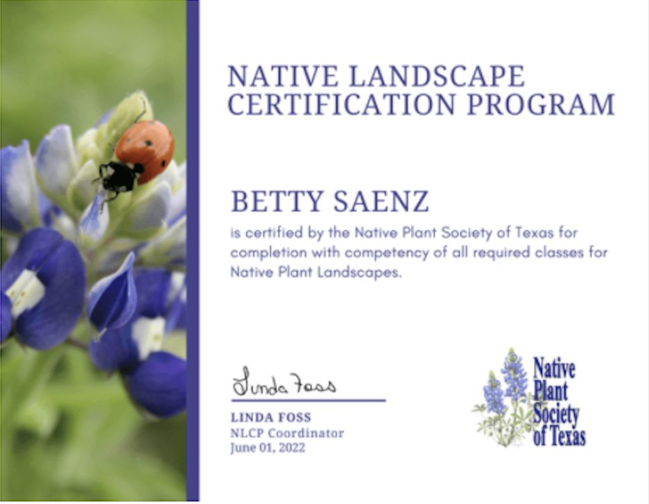 Native Landscape Certification Program certificate for Betty Saenz
